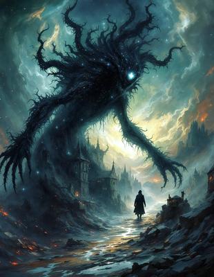 The primary subject of the image is a large, dark, and spooky creature, possibly a demon or a monster, standing in the middle of a dirt road. The creature appears to be the main focus of the scene. The setting is a dark, cloudy sky, which adds to the eerie atmosphere of the image. The visual style is a digital art or illustration, with the creature being the main subject, and the dirt road and sky serving as the background. The colors and mood of the image are pre